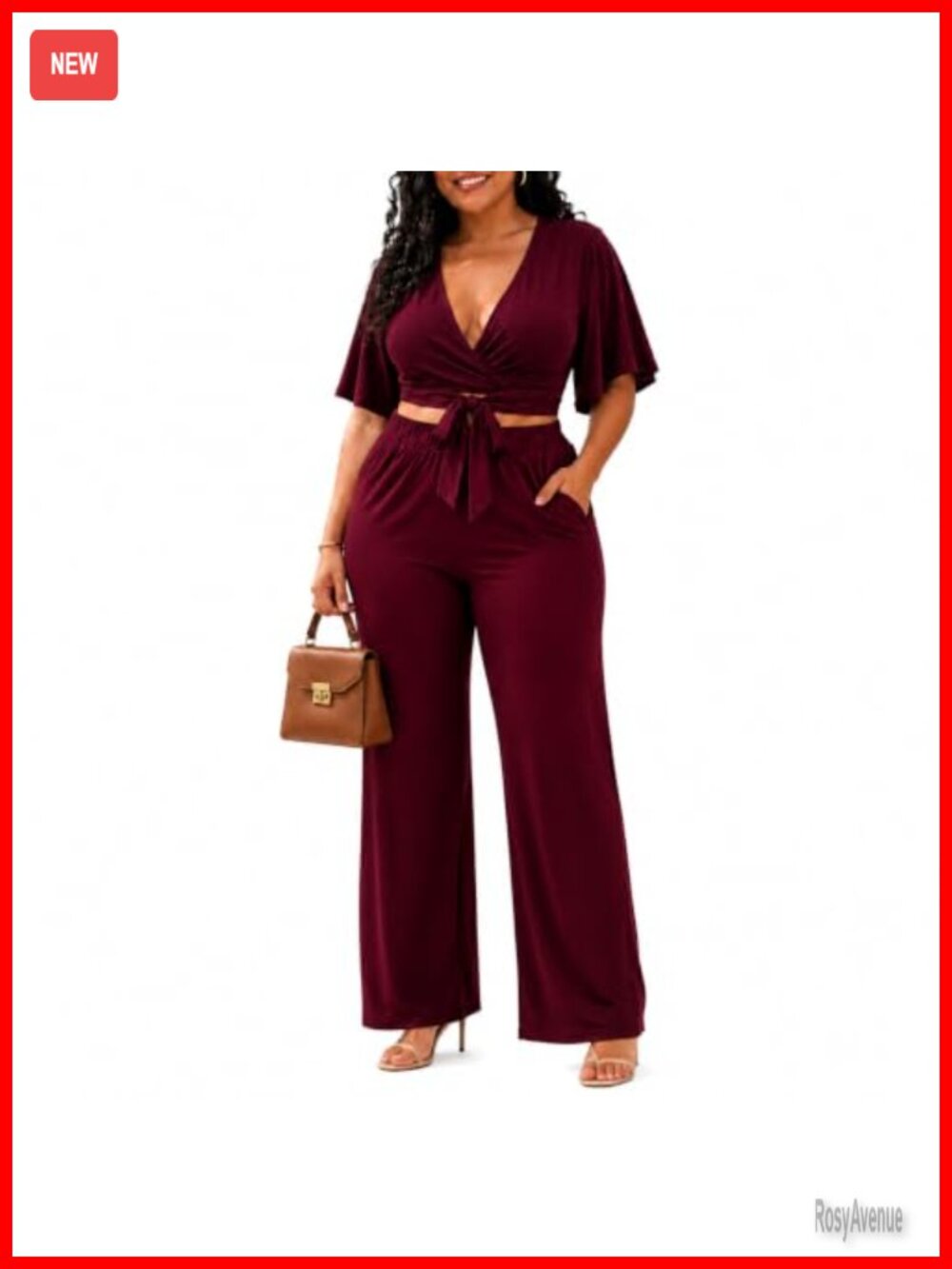 2 Piece Tie Front Wrap Top Wide Leg Pants Set with Pockets - Women's Casual